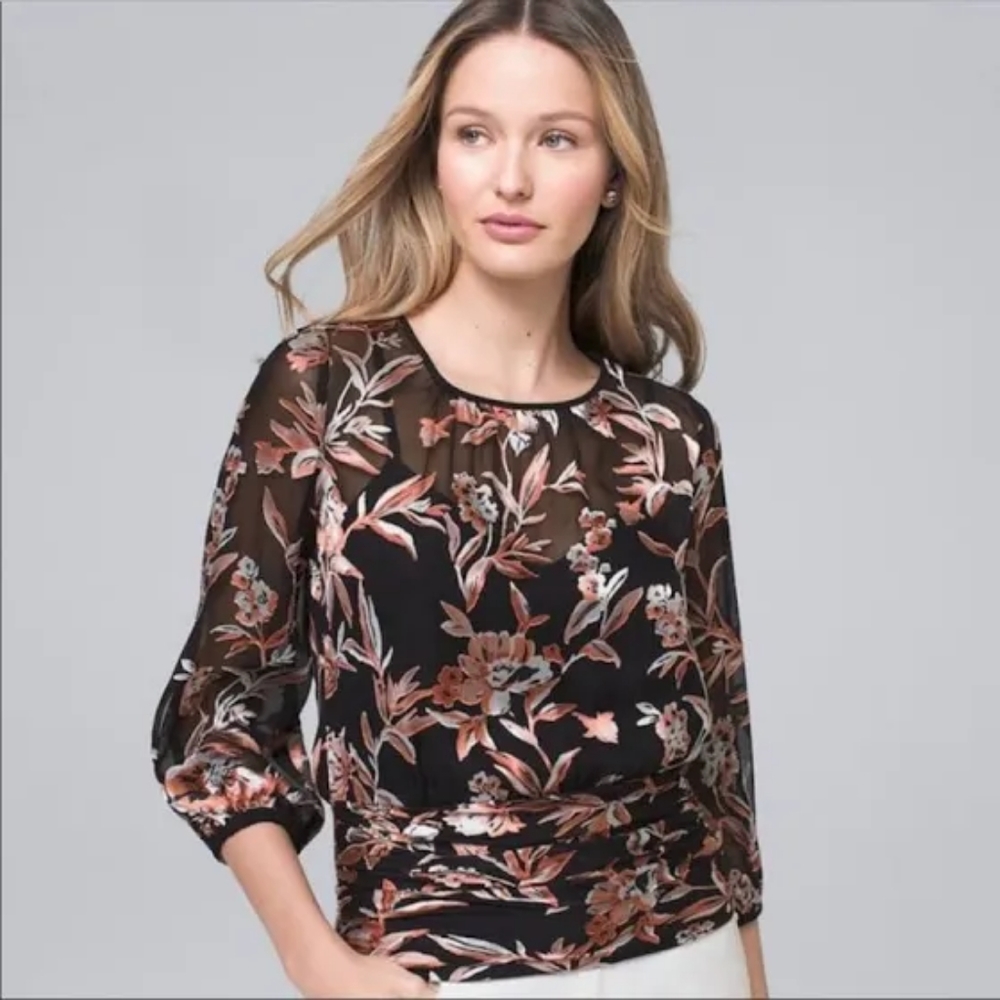 NWT Whbm black and orange patterned blouse